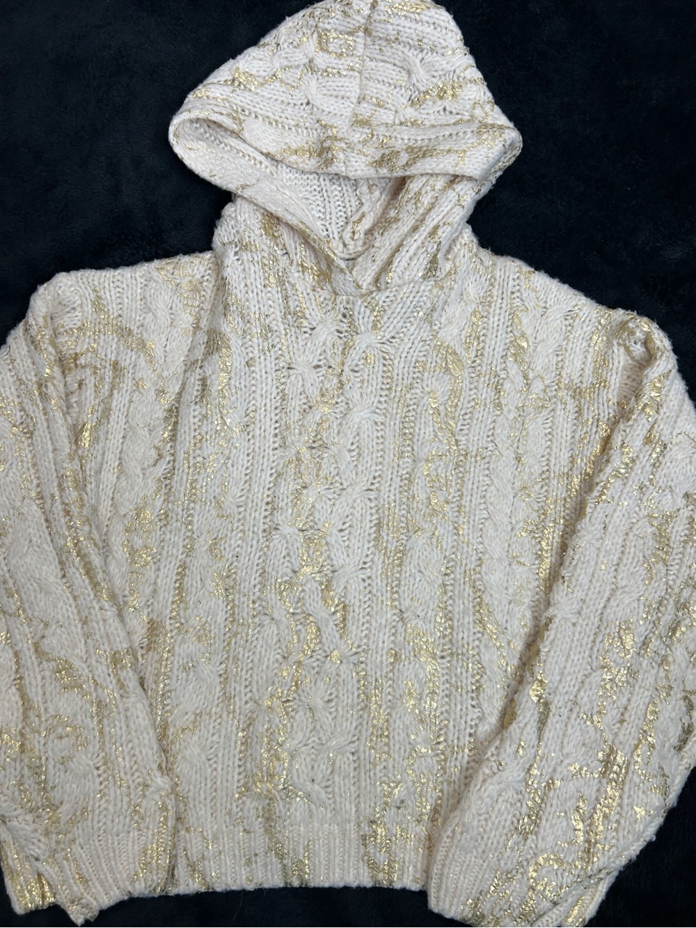 Zara kid Cream Cable-Knit Hooded Sweater with Gold Thread